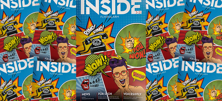 Mehrere Ausgaben des FLYERALARM Magazins „INSIDE“ mit buntem Comic-Cover im Pop-Art-Stil, auffällige Worte wie WOW und POW.